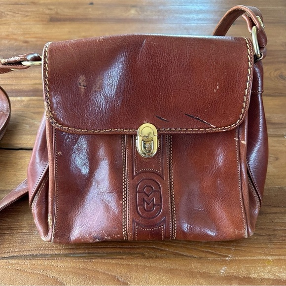 Vintage Marino Orlandi Purse Crossbody Bag Cognac Red Brown Leather Gold - Picture 1 of 15
